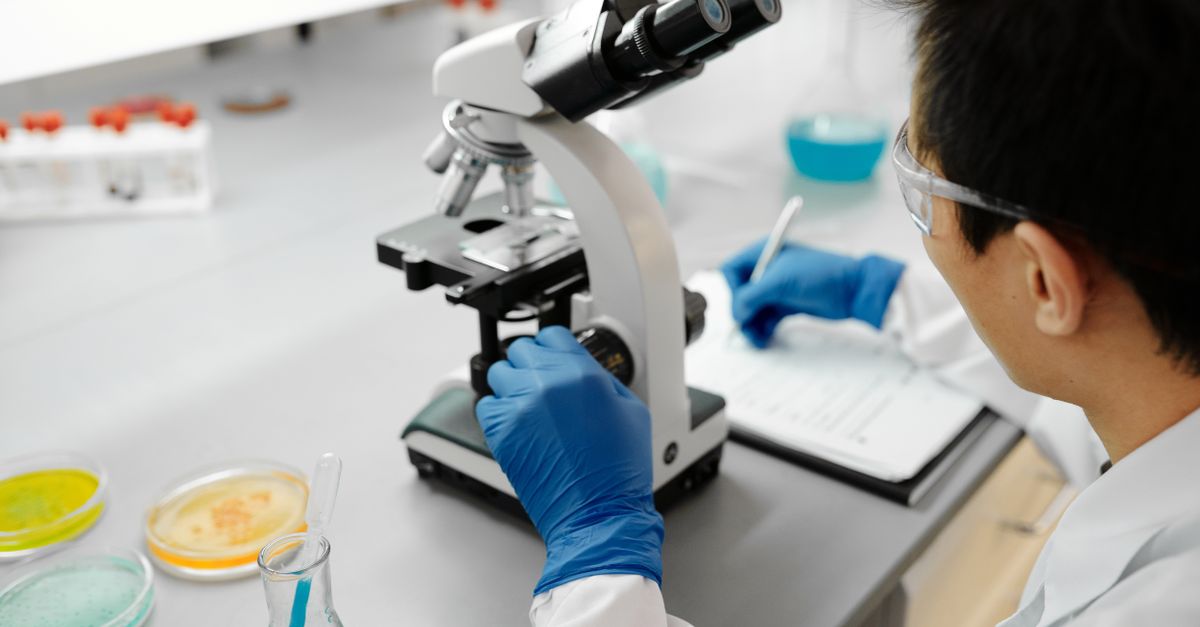 Científico analizando muestras con un microscopio y registrando los resultados en el laboratorio