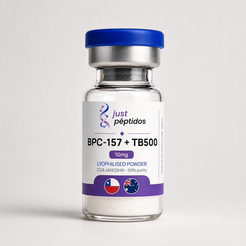 Vial de BPC-157 + TB-500 10 mg de Just Péptidos, polvo liofilizado verificado con COA de Janoshik