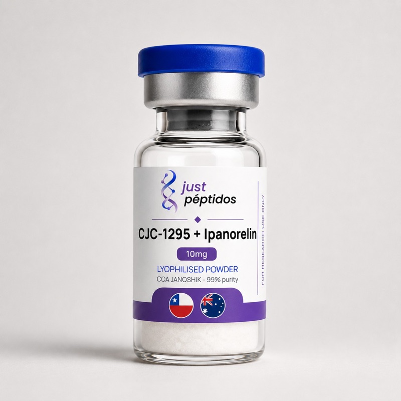 Vial de CJC-1295 + Ipamorelin 10 mg de Just Péptidos, polvo liofilizado verificado con COA de Janoshik