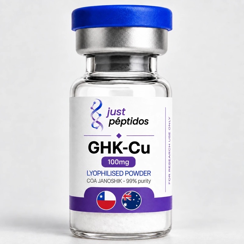Vial de GHK-Cu 100 mg de Just Péptidos, verificado con COA de Janoshik