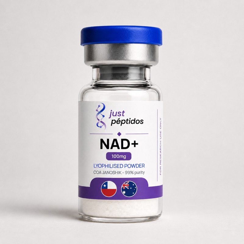 Vial de NAD+ 100 mg de Just Péptidos, polvo liofilizado verificado con COA de Janoshik