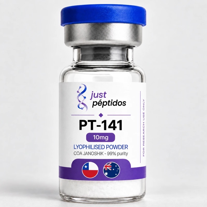 Vial de PT-141 10 mg de Just Péptidos, verificado con COA de Janoshik