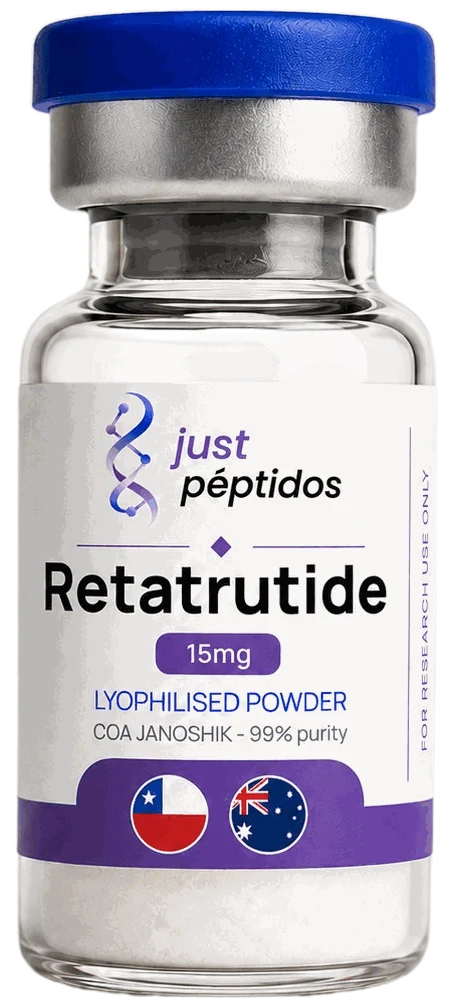 Vial de Retatrutide 15 mg de Just Péptidos, verificado con COA de Janoshik