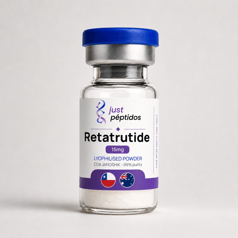 Vial de Retatrutide 15 mg de Just Péptidos, polvo liofilizado verificado con COA de Janoshik