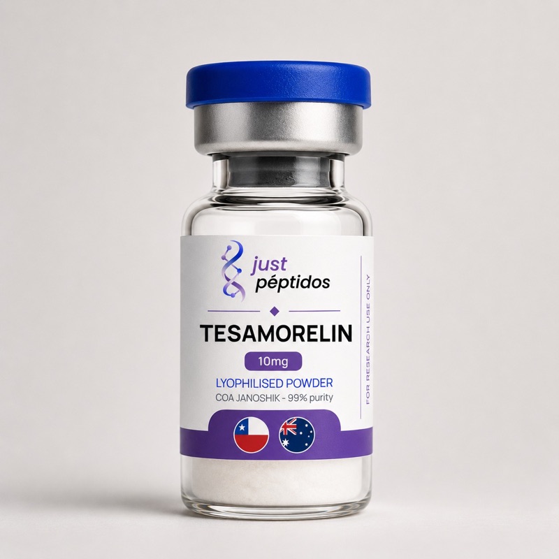 Vial de Tesamorelin 10 mg de Just Péptidos, polvo liofilizado verificado con COA de Janoshik